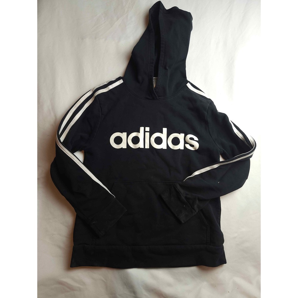 Adidas Boys Black White Logo‎ 3-Stripe Pullover Hoodie Size M 10/12 Sweatshirt